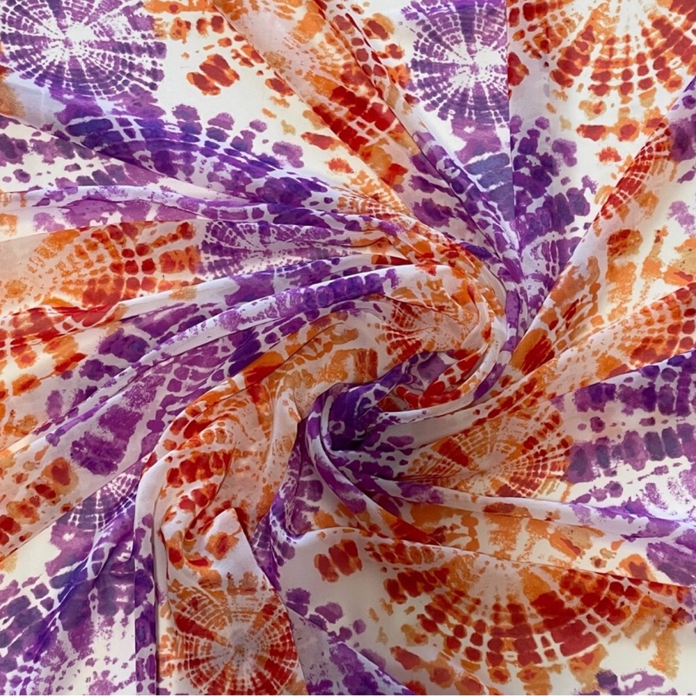 Vibrant purple and Orange Tie-Dye Multicolor Chiffon Sheer Fabric